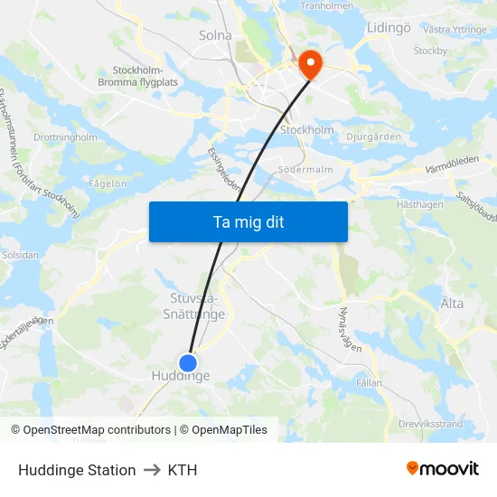 Huddinge Station to KTH map