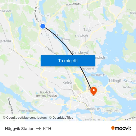 Häggvik Station to KTH map