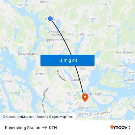 Rosersberg Station to KTH map