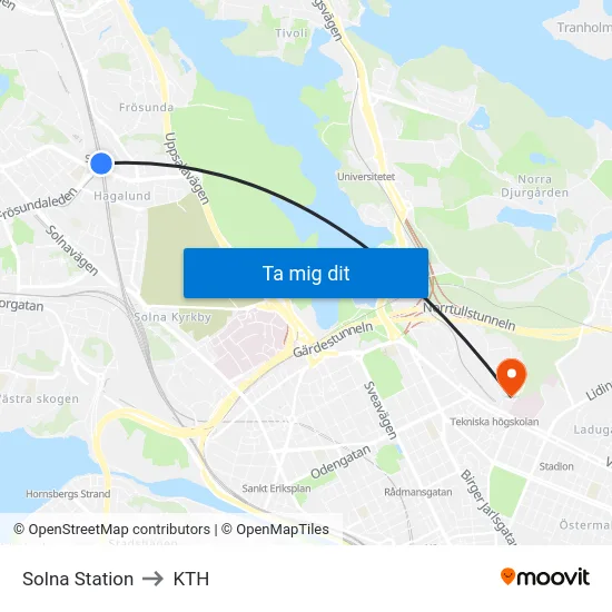Solna Station to KTH map
