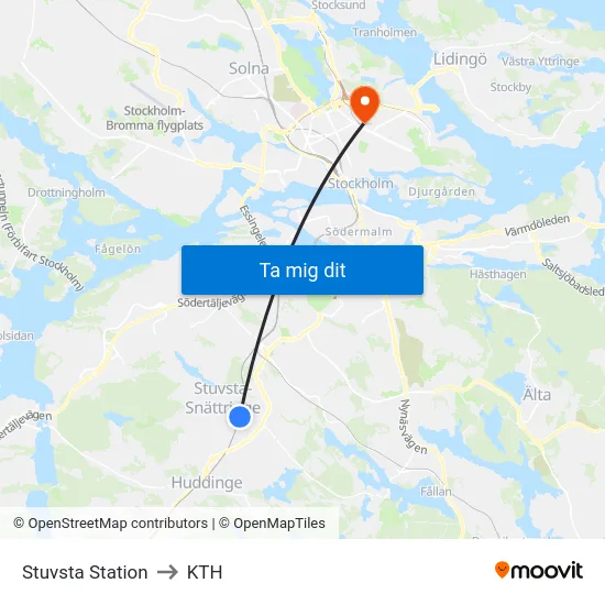 Stuvsta Station to KTH map