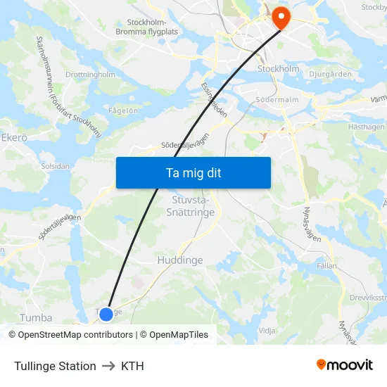 Tullinge Station to KTH map