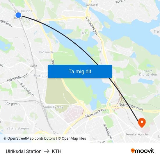 Ulriksdal Station to KTH map