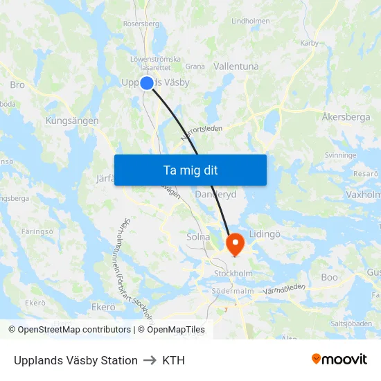 Upplands Väsby Station to KTH map