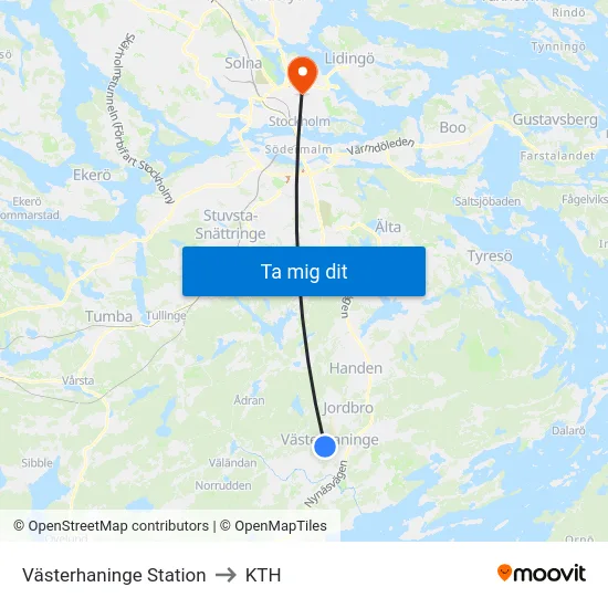 Västerhaninge Station to KTH map