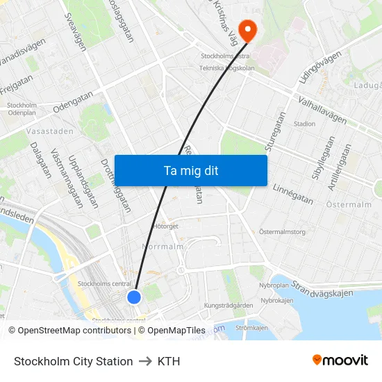 Stockholm City Station to KTH map