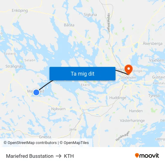 Mariefred Busstation to KTH map