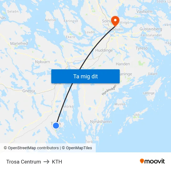 Trosa Centrum to KTH map