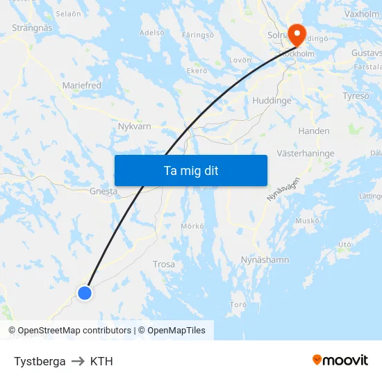 Tystberga to KTH map
