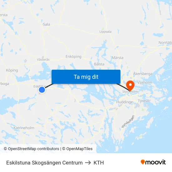 Eskilstuna Skogsängen Centrum to KTH map