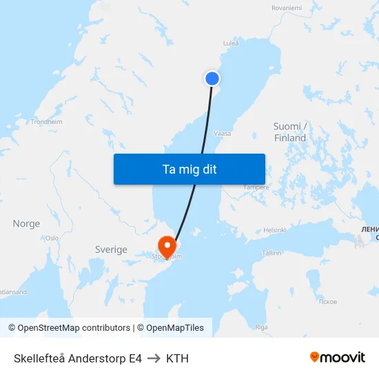 Skellefteå Anderstorp E4 to KTH map