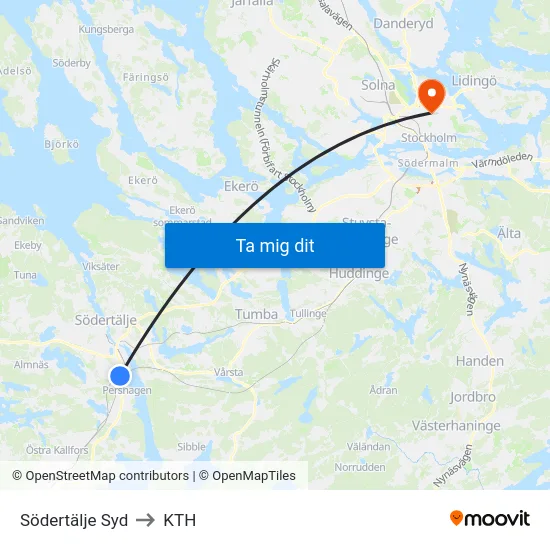 Södertälje Syd to KTH map