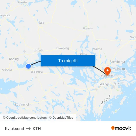 Kvicksund to KTH map