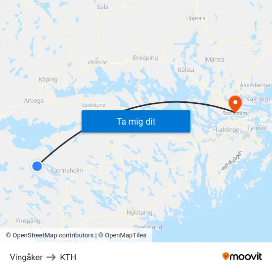 Vingåker to KTH map