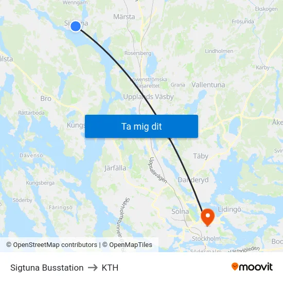 Sigtuna Busstation to KTH map