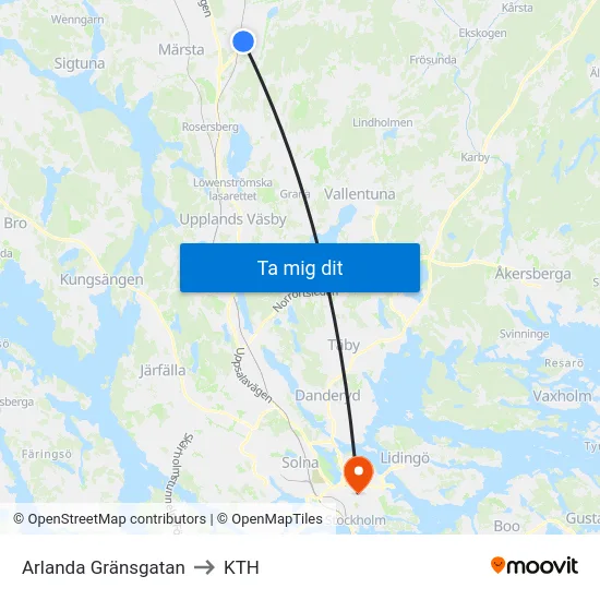 Arlanda Gränsgatan to KTH map