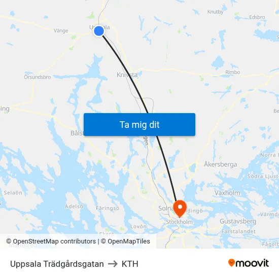 Uppsala Trädgårdsgatan to KTH map