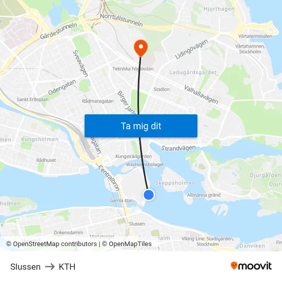 Slussen to KTH map