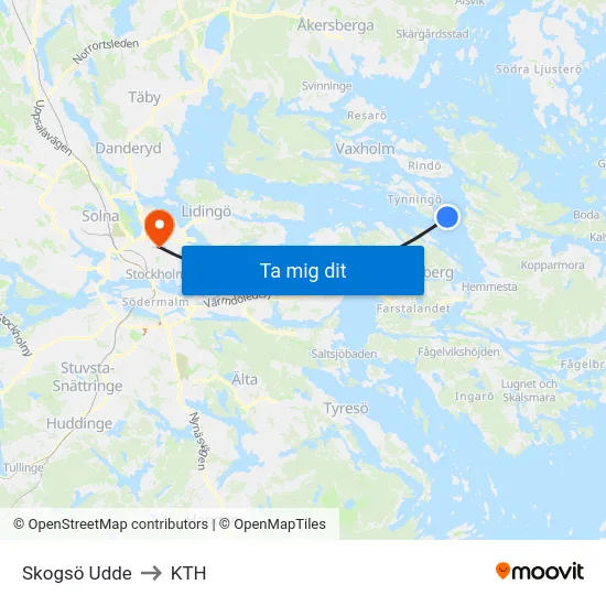 Skogsö Udde to KTH map