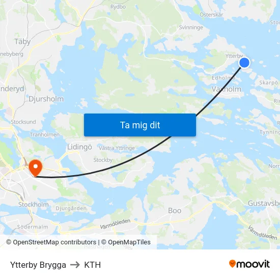 Ytterby Brygga to KTH map