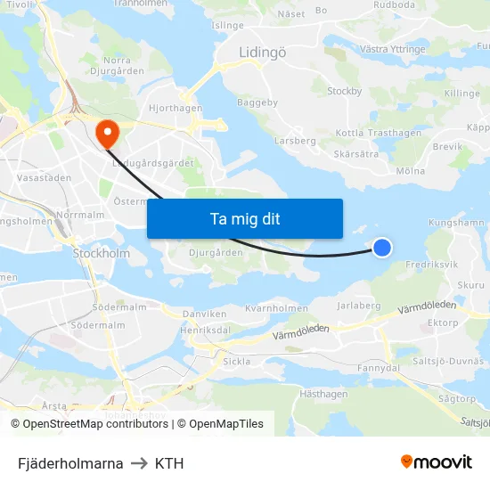 Fjäderholmarna to KTH map