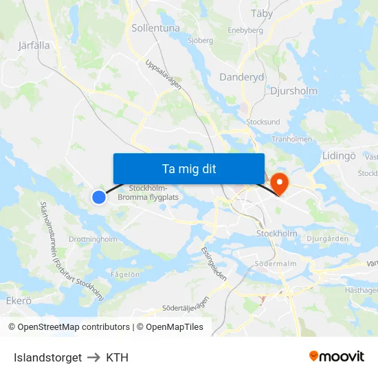 Islandstorget to KTH map