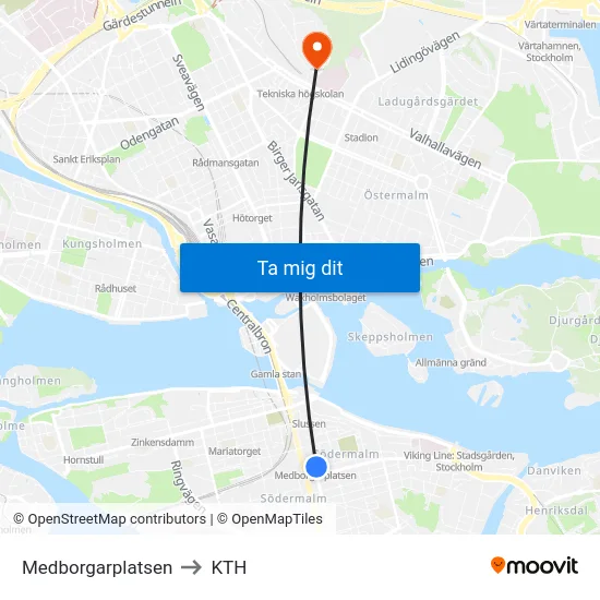 Medborgarplatsen to KTH map