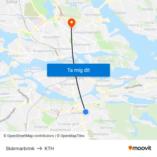 Skärmarbrink to KTH map
