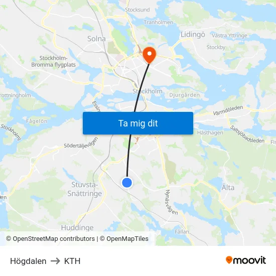 Högdalen to KTH map