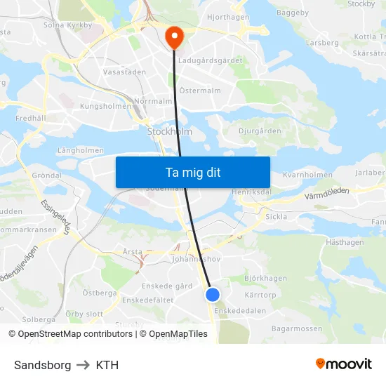 Sandsborg to KTH map