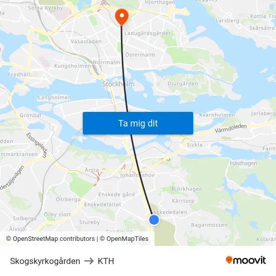 Skogskyrkogården to KTH map