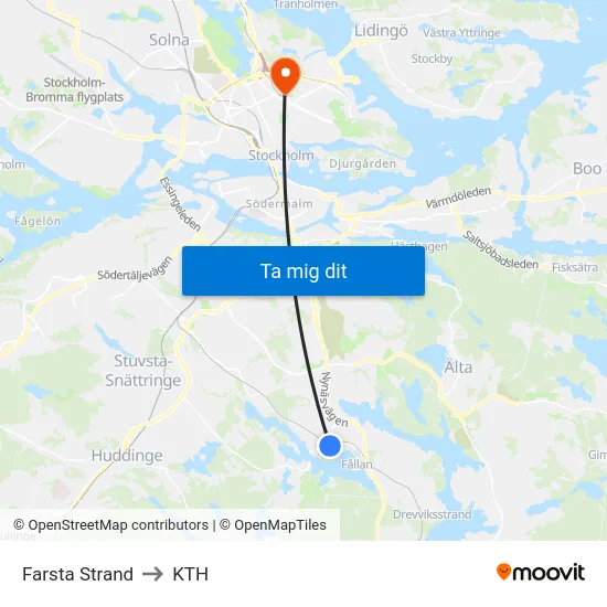 Farsta Strand to KTH map