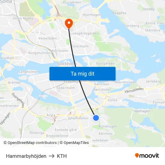 Hammarbyhöjden to KTH map