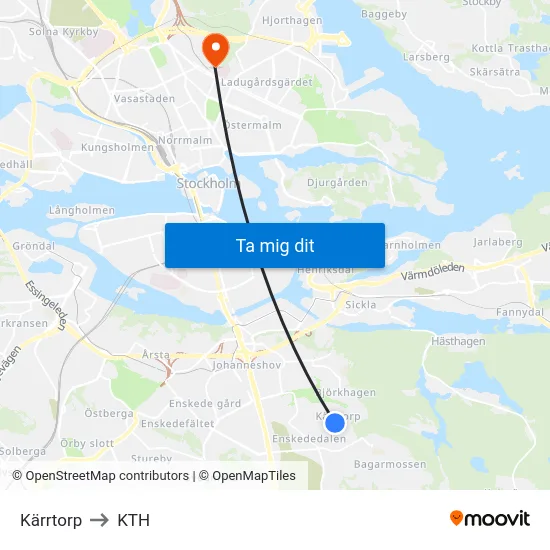 Kärrtorp to KTH map