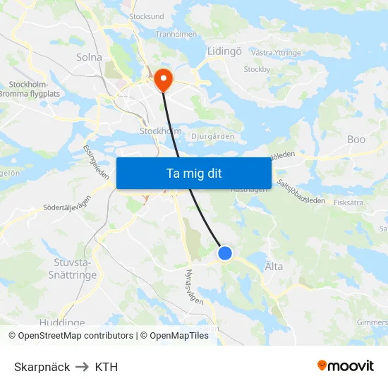 Skarpnäck to KTH map