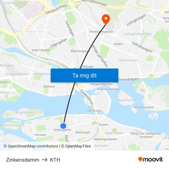 Zinkensdamm to KTH map