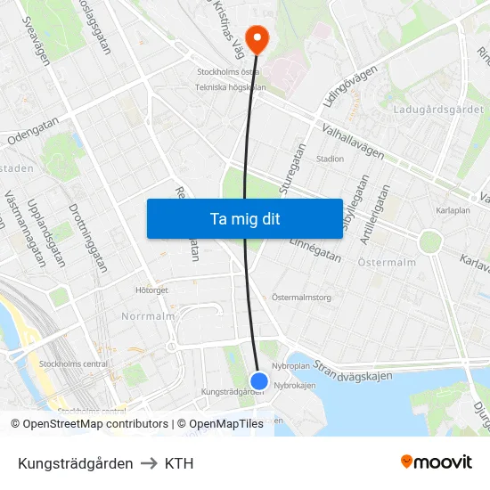 Kungsträdgården to KTH map