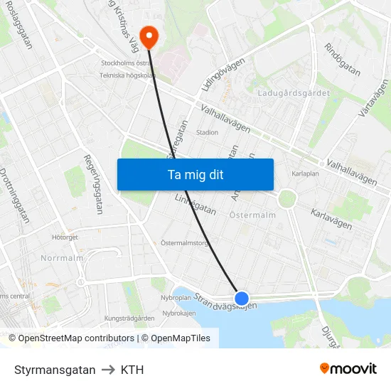 Styrmansgatan to KTH map