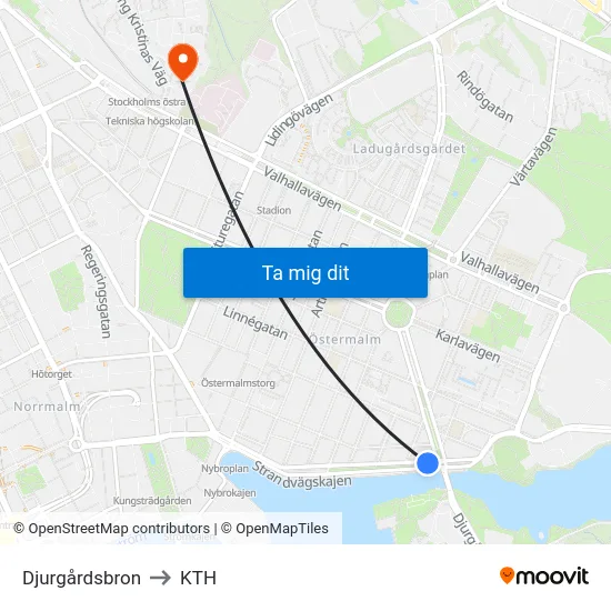 Djurgårdsbron to KTH map