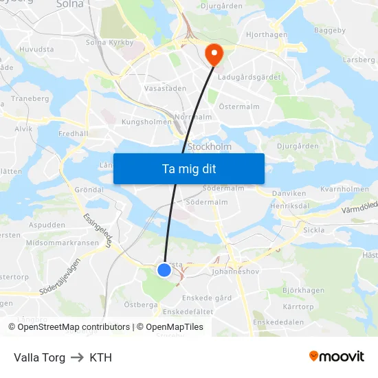 Valla Torg to KTH map