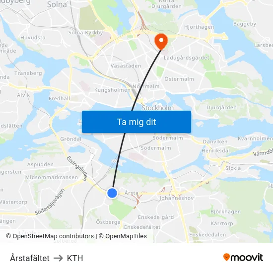 Årstafältet to KTH map