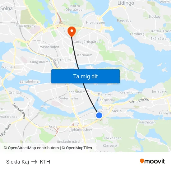 Sickla Kaj to KTH map