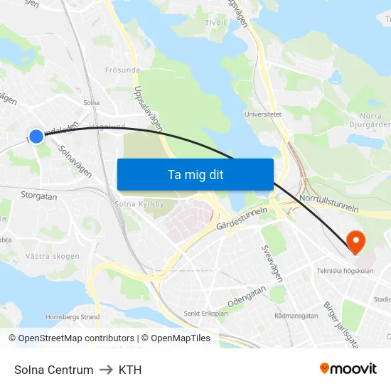 Solna Centrum to KTH map