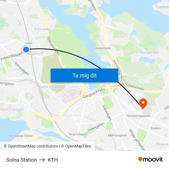 Solna Station to KTH map