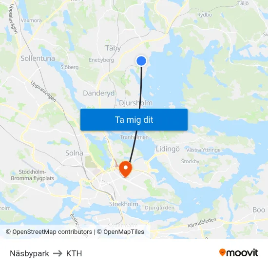 Näsbypark to KTH map