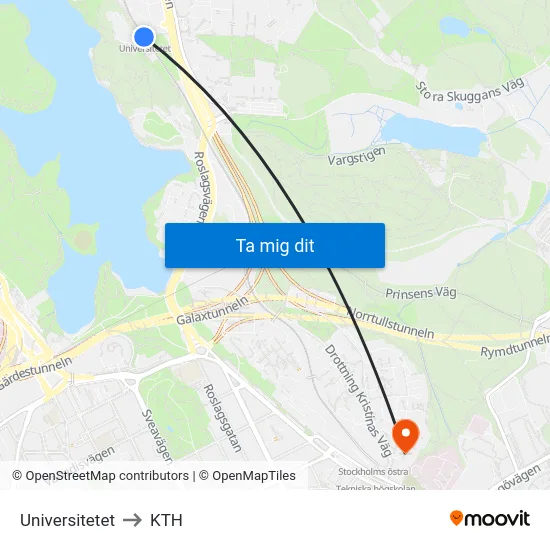 Universitetet to KTH map