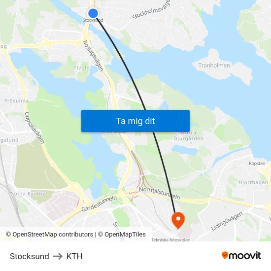 Stocksund to KTH map