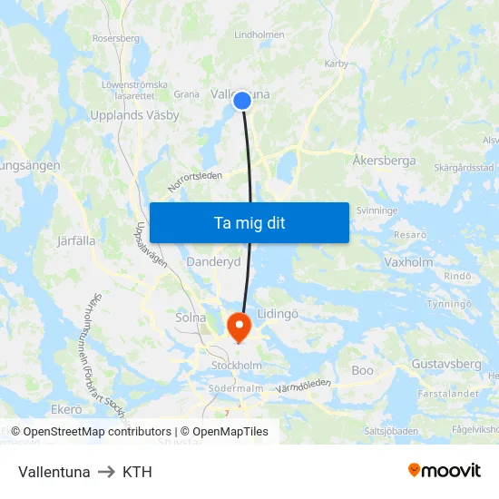 Vallentuna to KTH map