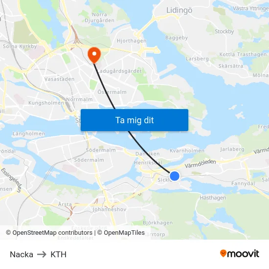 Nacka to KTH map