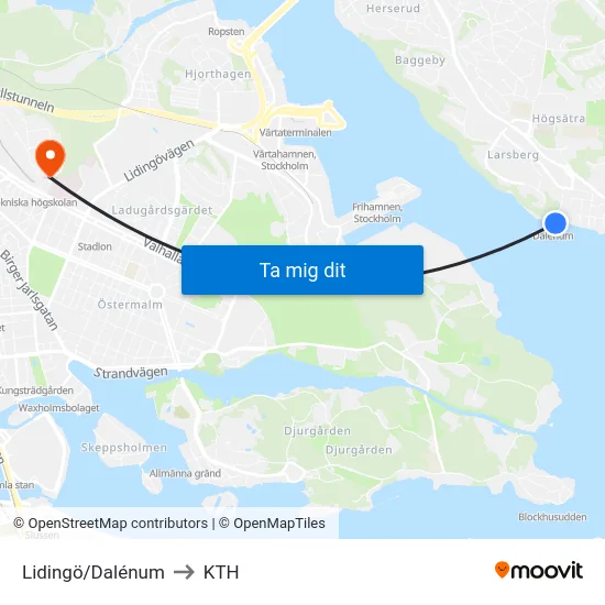 Lidingö/Dalénum to KTH map